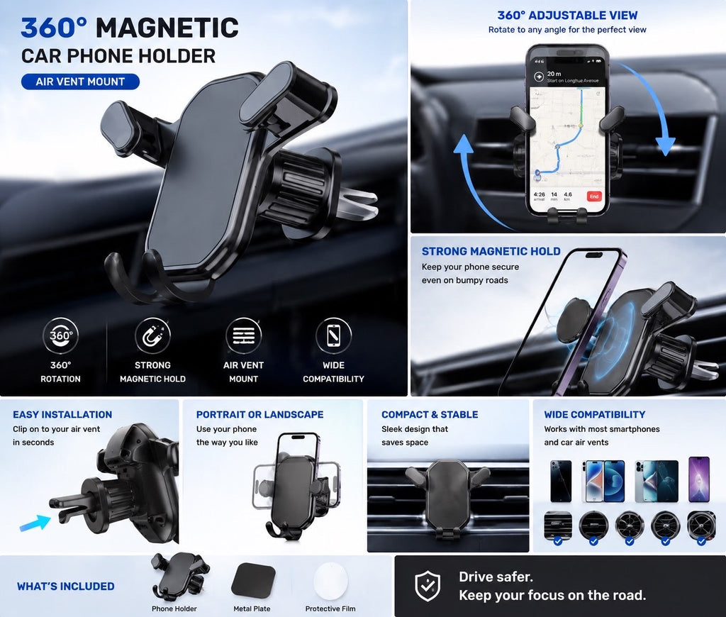 Magnetic Car Phone Holder – 360° Air Vent Mount